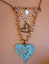 Boho Heart Necklace  With Beads, Small Heart, Large Tin Heart New From Store 