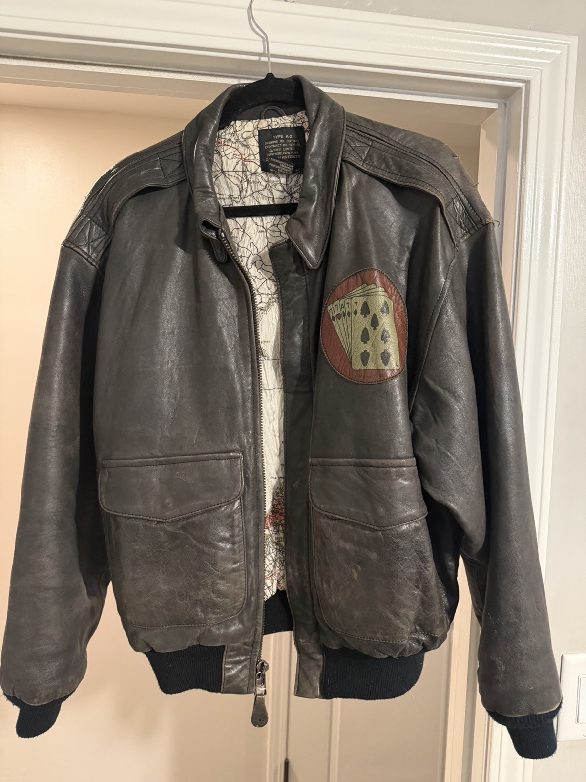Vtg AVIREX A-2 Brown Leather Flight Bomber Jacket Sack Time Pinup Art, Small