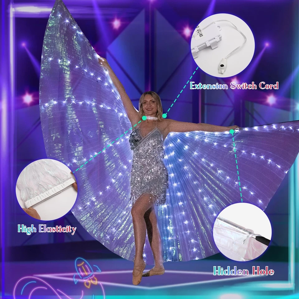 Alas LED - Alas de ángel brillantes con palos telescópicos para adultos y niños - Blanco Foto 2 de 4