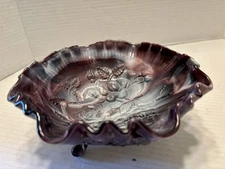 Imperial Purple Slag Glass Bowl Ruffle Edge Embossed Raised Rose Tri-Footed