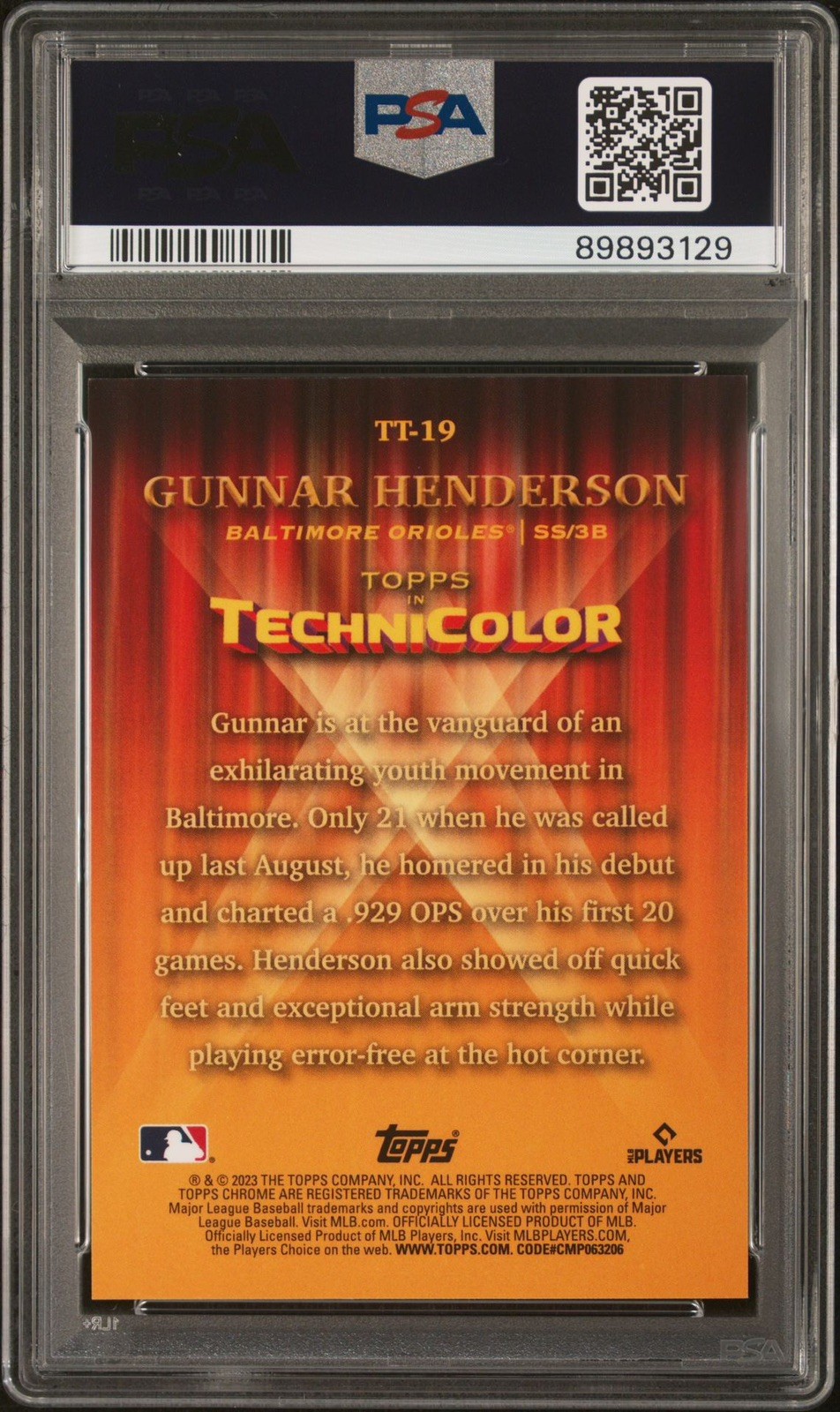 Gunnar Henderson 2023 Topps Chrome Topps Technicolor Orange Refractor /25 PSA 10 view 2
