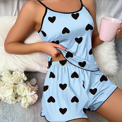 Damen Rosa Herz Pyjama Set Sommer T-Shirt & Shorts Nachtwäsche Nachtwäsche