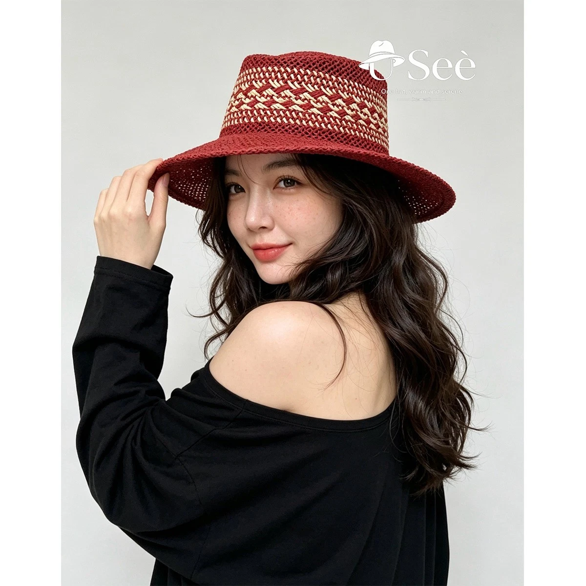Women Two-Tone Open Weave Straw Fedora Hat Wide Brim Summer Beach Sun Protection