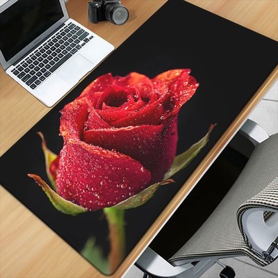 40*90cm1pc Red rose on black Pad for Desk, Gaming, Office Decor, Non-Slip Rubber