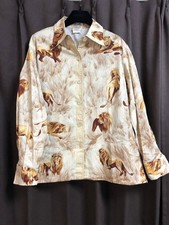 HERMES Lion Print Long Sleeve Shirt Tops Men Size 40 Beige Brown Silk Genuine