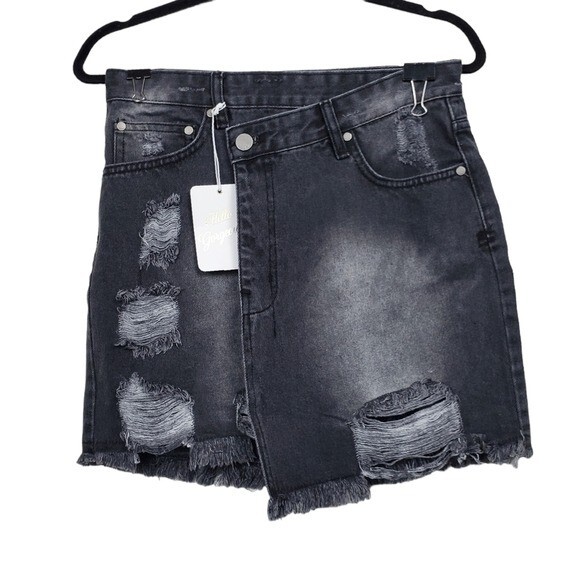 Elan Womens Black Distressed Asymmetric High Waisted Denim Mini Skirt Size M NWT