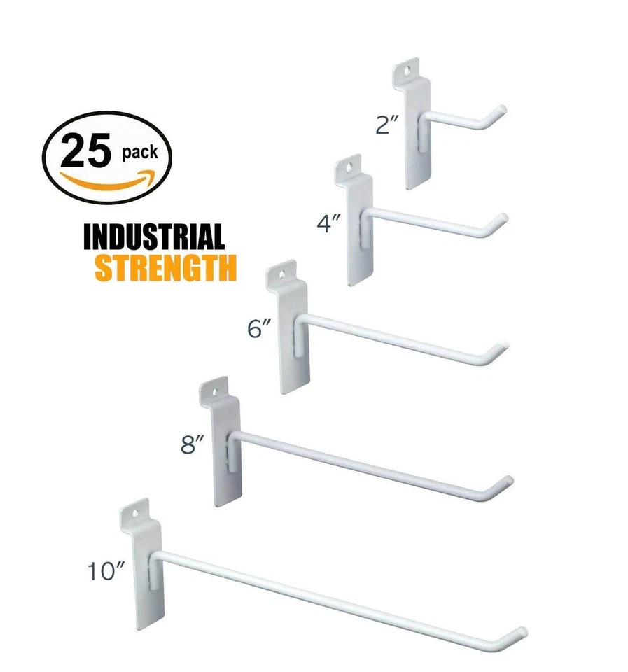 ONLY HANGERS White Slatwall Hooks Combo Pk of 25 Assorted Sizes(5) of Ea 2",4",6", 8" & 10"