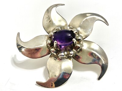 Vintage REF 1978 Signed Mexico Sterling Silver Amethyst Sun Sol Pendant SS 925