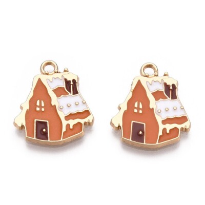 2 Gingerbread House Charms Gold Enamel Christmas Jewelry Making Supplies