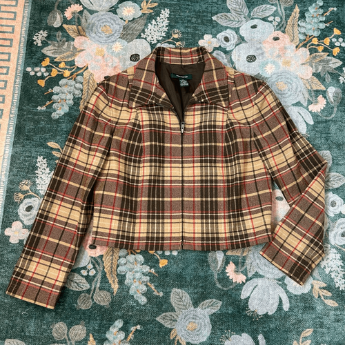 The Limited Womens Vintage Brown Red Plaid Cropped Wool Zip Up Jacket Y2K M - Picture 11 of 12