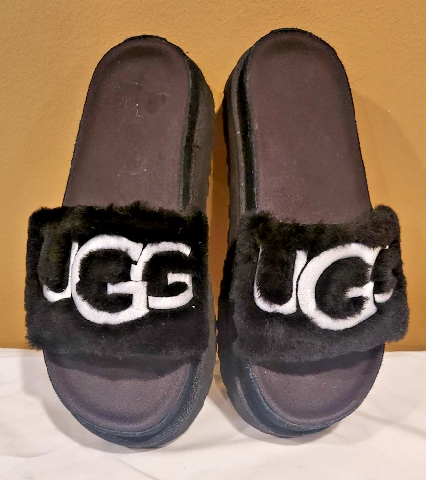 SANDALI SLIDE UGG NERI IN PELLICCIA DI LATON DONNA US TAGLIA 9 NUOVI SENZA SCATOLA