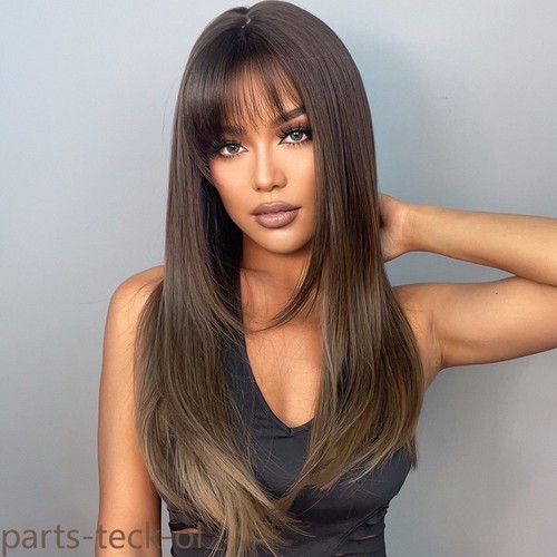 Long Straight Wigs Ash Brown Blonde With Bangs Natural Women Daily Party US - Picture 5 of 17