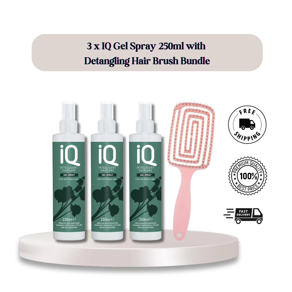 IQ HAIRCARE IQ Intelligent Hair Gel Spray 250ml x 3 with Detangling Hair Brush Bundle