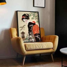 Poster geisha giapponese con uccellino, arte tradizionale Ukiyo-e, stampa da parete asiatica