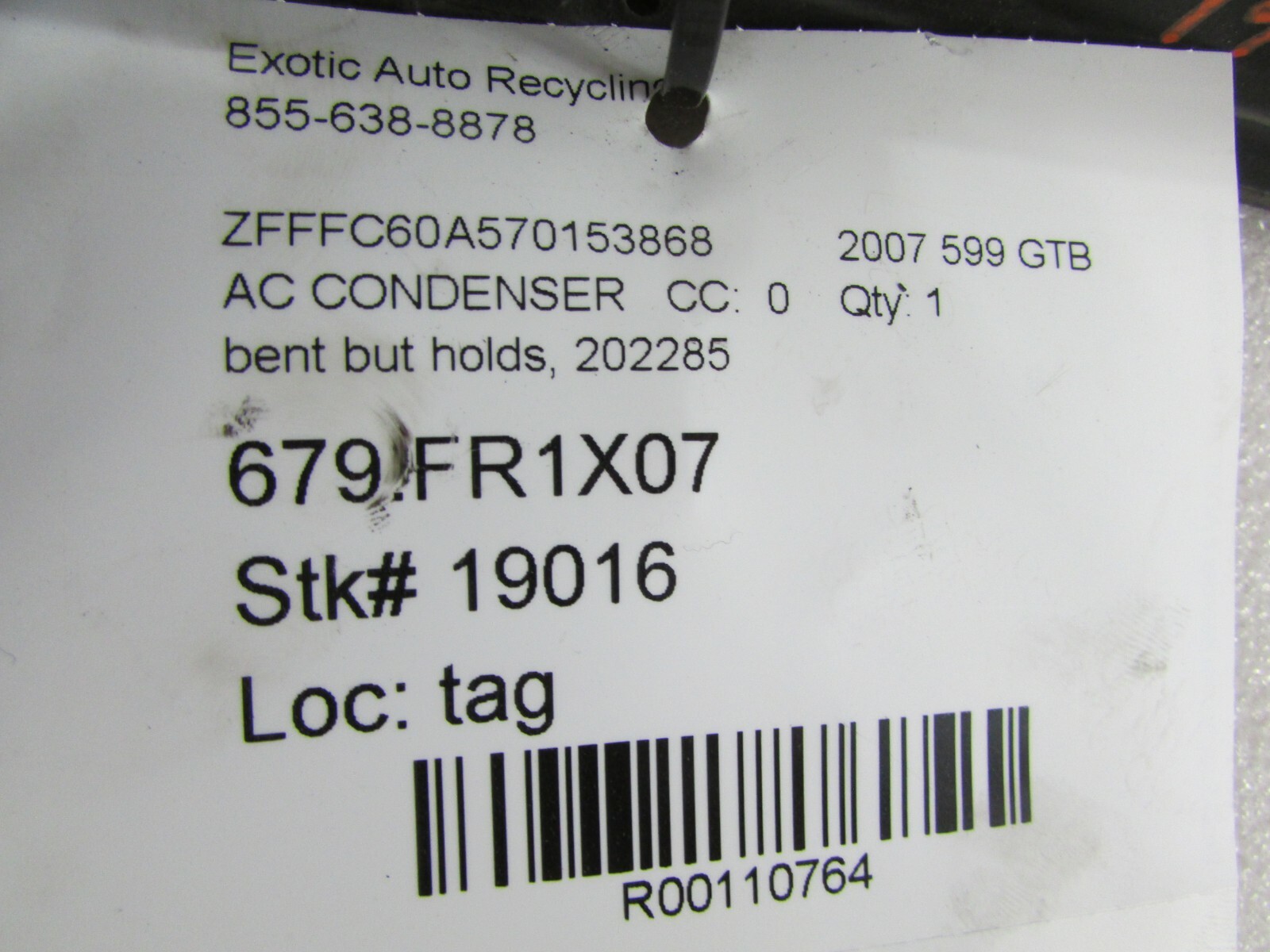 Ferrari 599 GTB, AC Condenser, Used, P/N 202285