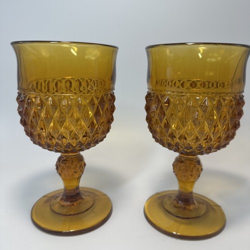 #S15-Vintage Indiana Amber Glass Goblets Diamond Point Set of 2 - Picture 2 of 4