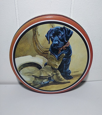 Vintage Tin  1990s Western Labrador Dog Cowboy Hat Boots 6'' Tin