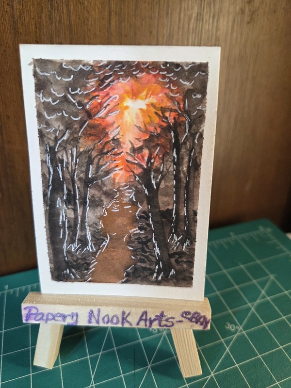 ACEO Original Art Card Fantasy Fairy Forest, Sunset Watercolor, Woods Nature