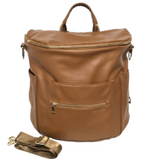 Fawn Designer Vegan Leather Backpack Large Diaper Bag Brown  Gold Quiet Luxury