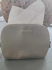 Laura Mercier Grey Leather Cosmetic Bag With Outside Pocket Zipper Top New 8x5