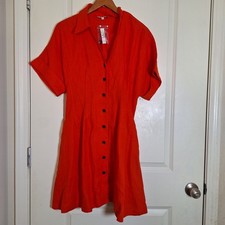 NWT Madewell Pleated Mini Shirt dress In 100% Linen In Bright Flame Size Medium