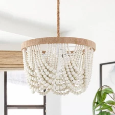 Bohemia Wood Beaded Pendant Lights Antique Rustic Mini Chandelier White Finis...