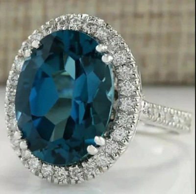 4Ct Oval Simulated London Blue Topaz Halo Engagement Ring 14K White Gold Plated