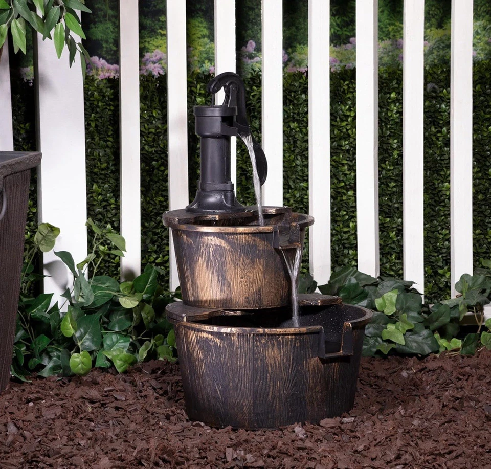 Alpine Corporation - Fuente de agua rústica para exteriores de barril y bomba de 2 niveles Foto 2 de 4