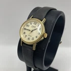 Vintage Ladies Timex Indiglo Watch Gold Case Dark Brown Leather Band Running