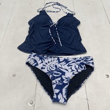 Tankini Swimsuit Womens XL Blue White Floral Two Piece Set Ruched Top Halter