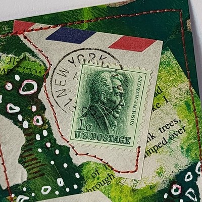 ACEO Original Abstract Painting Green Independence Postage Stamp - AMBER K