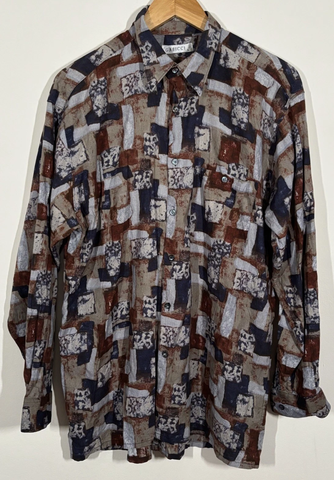 Vintage GABICCI Mens XL Patchwork Style Shirt Brown Abstract Print Long Sleeve