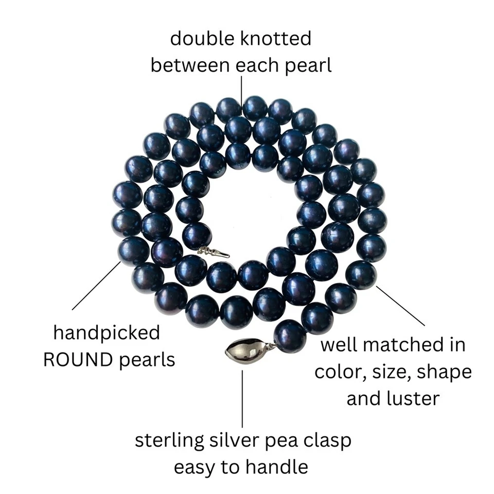 Collar de 30 pulgadas de largo genuino de 7-8 mm de perlas negras redondas cultivadas de agua dulce Foto 3 de 4