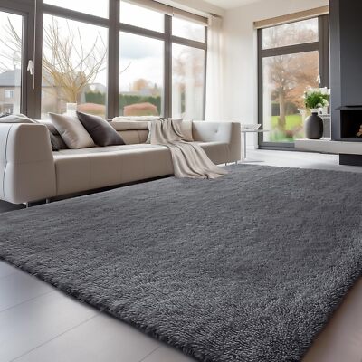 Hochflor Teppich Dunkelgrau kuschelweich luxuriös für Wohnzimmer Schlafzimmer