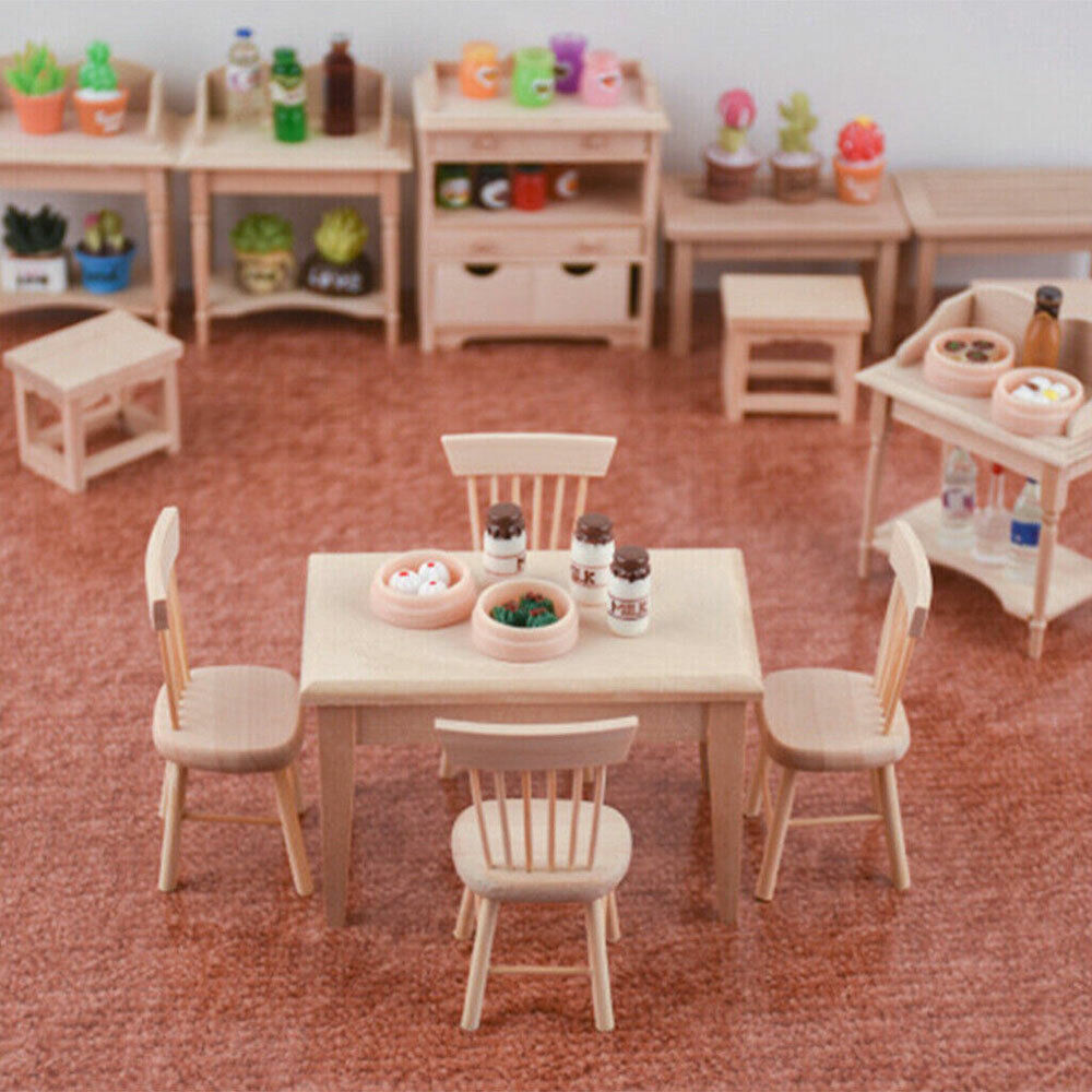 Vintage 1:12/5PC Miniature Dollhouse Table Chairs Desk Furniture Kitchen Decor