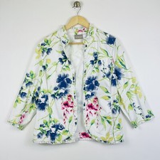 Chico's White Blue Floral 3/4 Sleeve Ruffle Trim Open Jacket Womens 0 Small 4