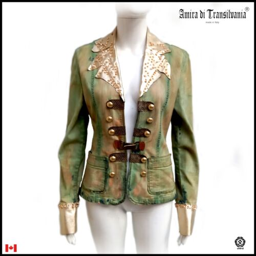 denim woman jacket fashion italian brand green embroidered faux leather casual 1 - Picture 2 of 24