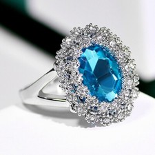 925 Sterling Silver Blue Topaz Elegant Wedding Engagement Ring Size 6.5