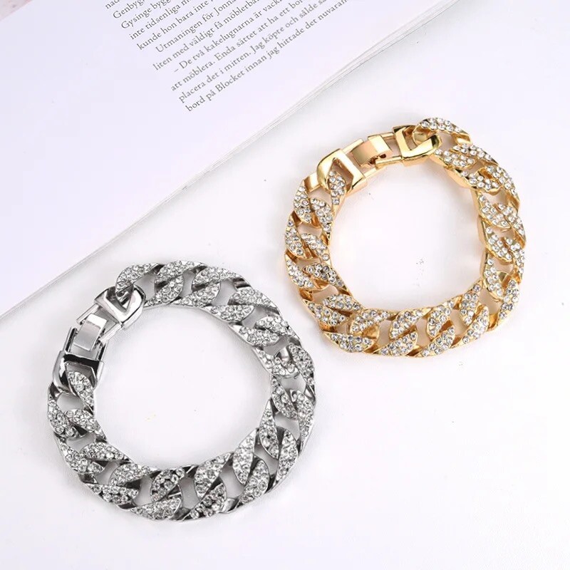 Brazalete de acero inoxidable para hombre piedras preciosas de diamantes eslabón cubano plata dos tonos regalo