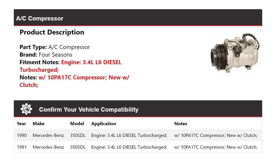 Compresor de aire acondicionado para Mercedes-Benz 350SDL 1990-1991 4 estaciones Foto 2 de 4