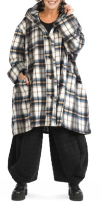 ÜBERGRÖSSE MEHRFARBIG BLAU SCHOTTENMUSTER FLEECE OVERSIZED WARME BALLON JACKE/MANTEL Gr. 28-36