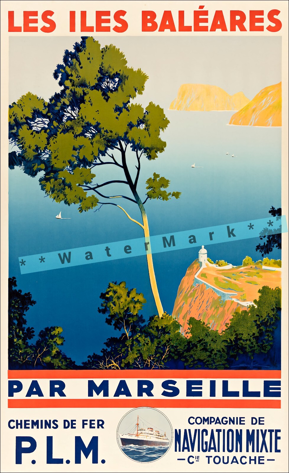 France 1934 Les Illes Baleares Marseille PLM Vintage Poster Print Retro Style