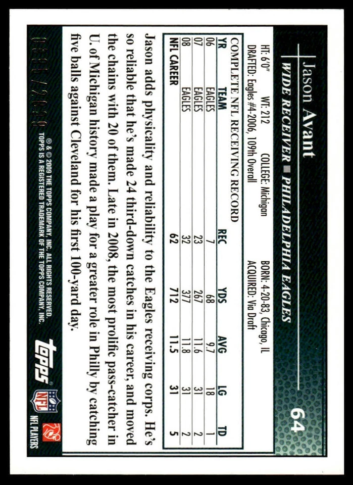 2009 Topps #64 Jason Avant Gold #/2009 - Image 2 of 2