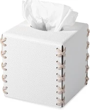 Tissue Box Cover PU Leather Holder Square Decorative Square, White 