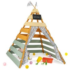 Wooden Play Tent for Indoor Outdoor w/ Machine Washable Flags Door Curtains