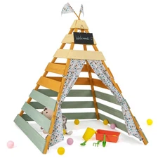 Wooden Play Tent for Indoor & Outdoor w/ Machine Washable Flags & Door Curtains