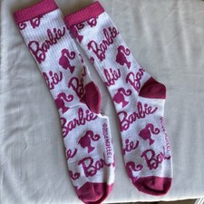 Mattel Barbie Crew Socks White Pink Graphic Print Women's Mid Calf 1 Pair