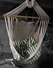 Vintage Bohemian Style Rope Hanging Swing Chair With A Striped Cushion
