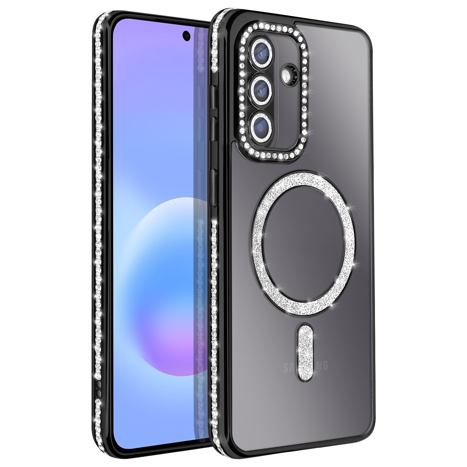 Coque Galaxy A57 silicone transparent contour strass avec chargeur de téléphone