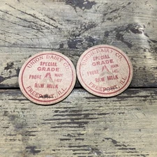 Vintage Pair Of Union Dairy Freeport, IL Milk Bottle Caps NOS Grade A Raw Milk